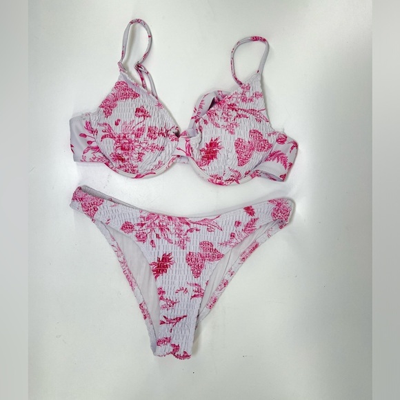 Other - Pink and White Butterfly Print Smocked Two Piece Bikini Underwire Top L Large